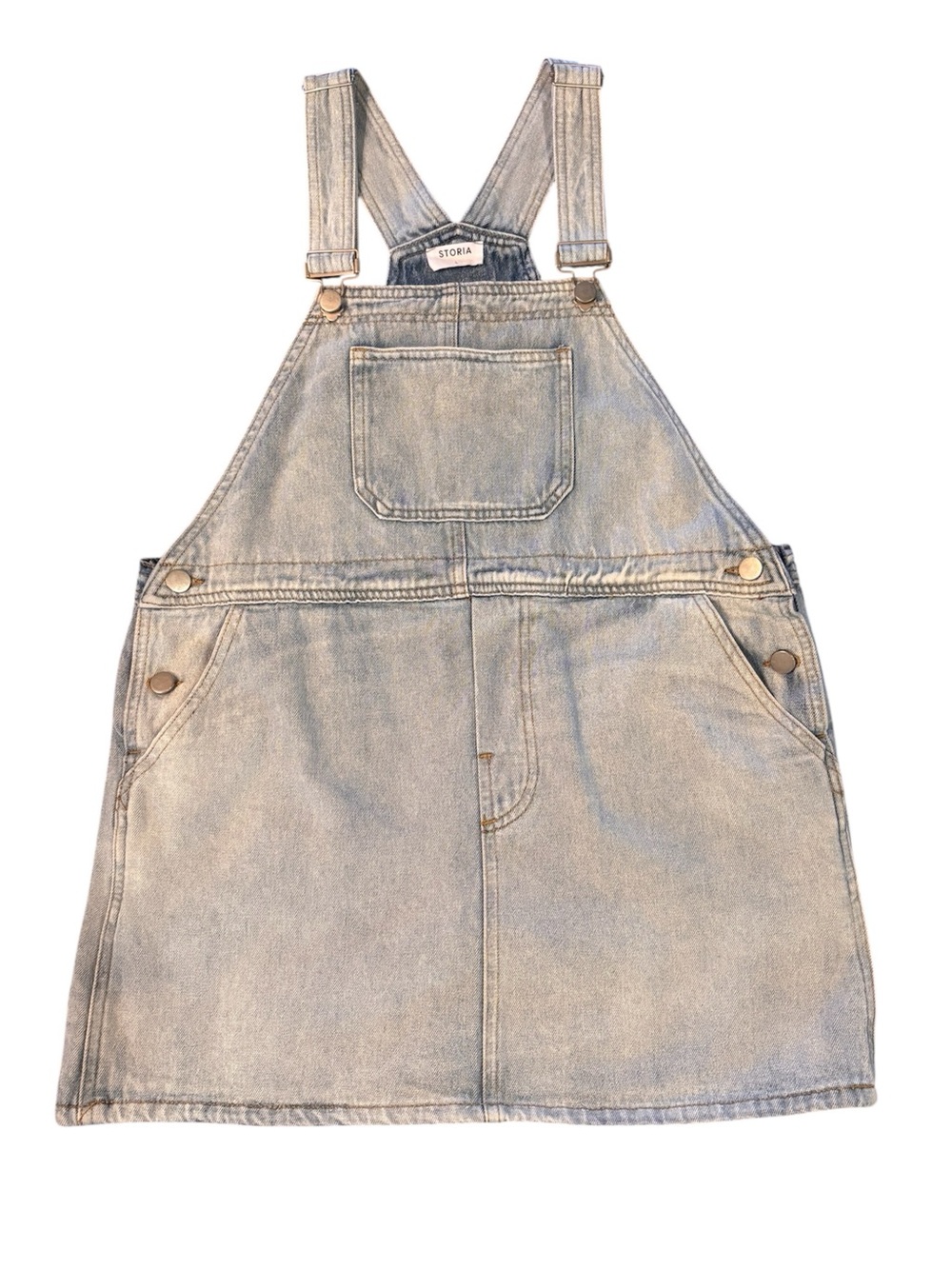 Storia Light Wash Denim Pinafore Overalls Dress in Blue, Large, Farmgirl Chic